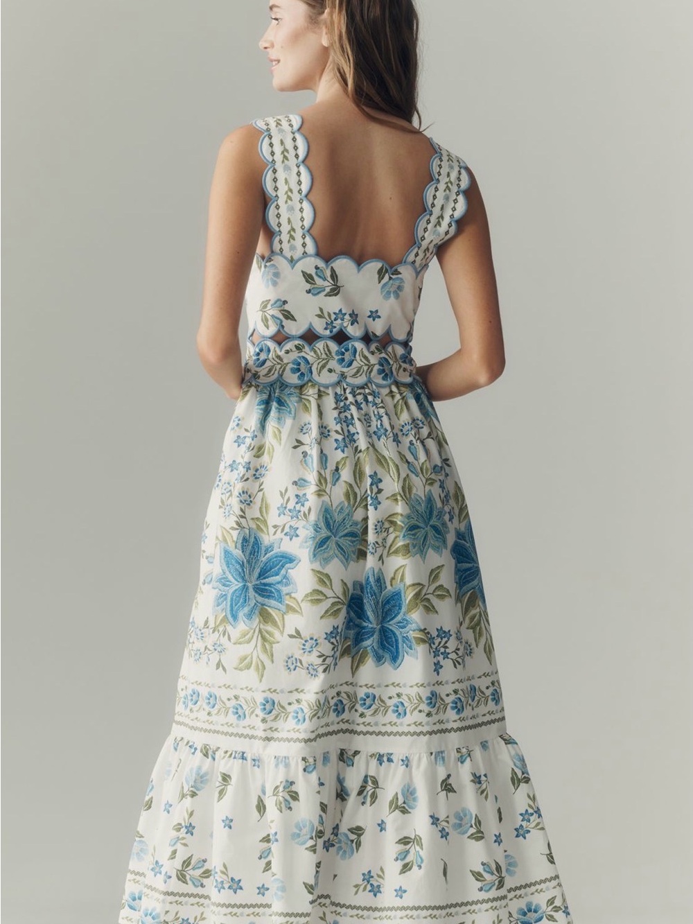 Farm Rio x Anthropologie sleeveless Scallop-Trim Printed Mid Dress